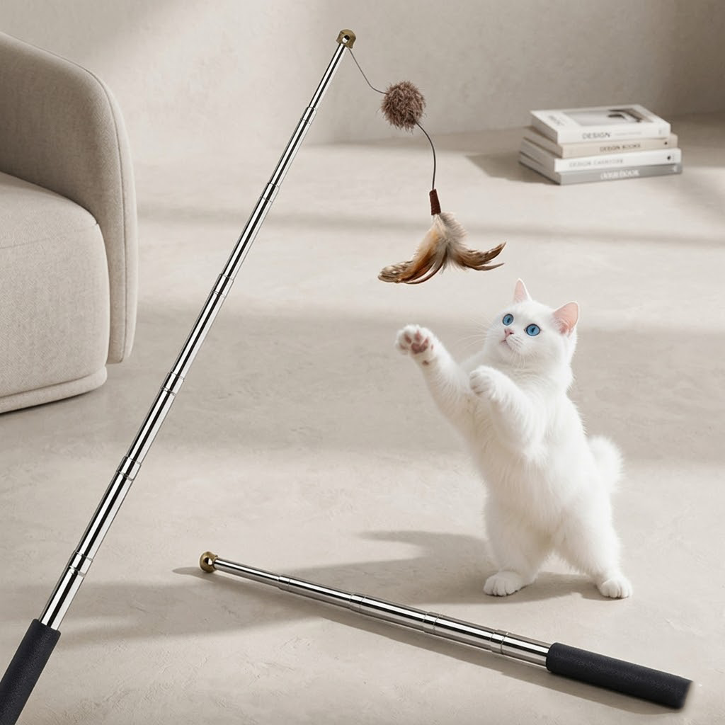 Zolenitacosh Retractable Cat Teaser Wand with Feather Refills, Long Stainless Steel Telescopic Cat Toy String for Indoor Cats and Kittens, Interactive Pet Supplies
