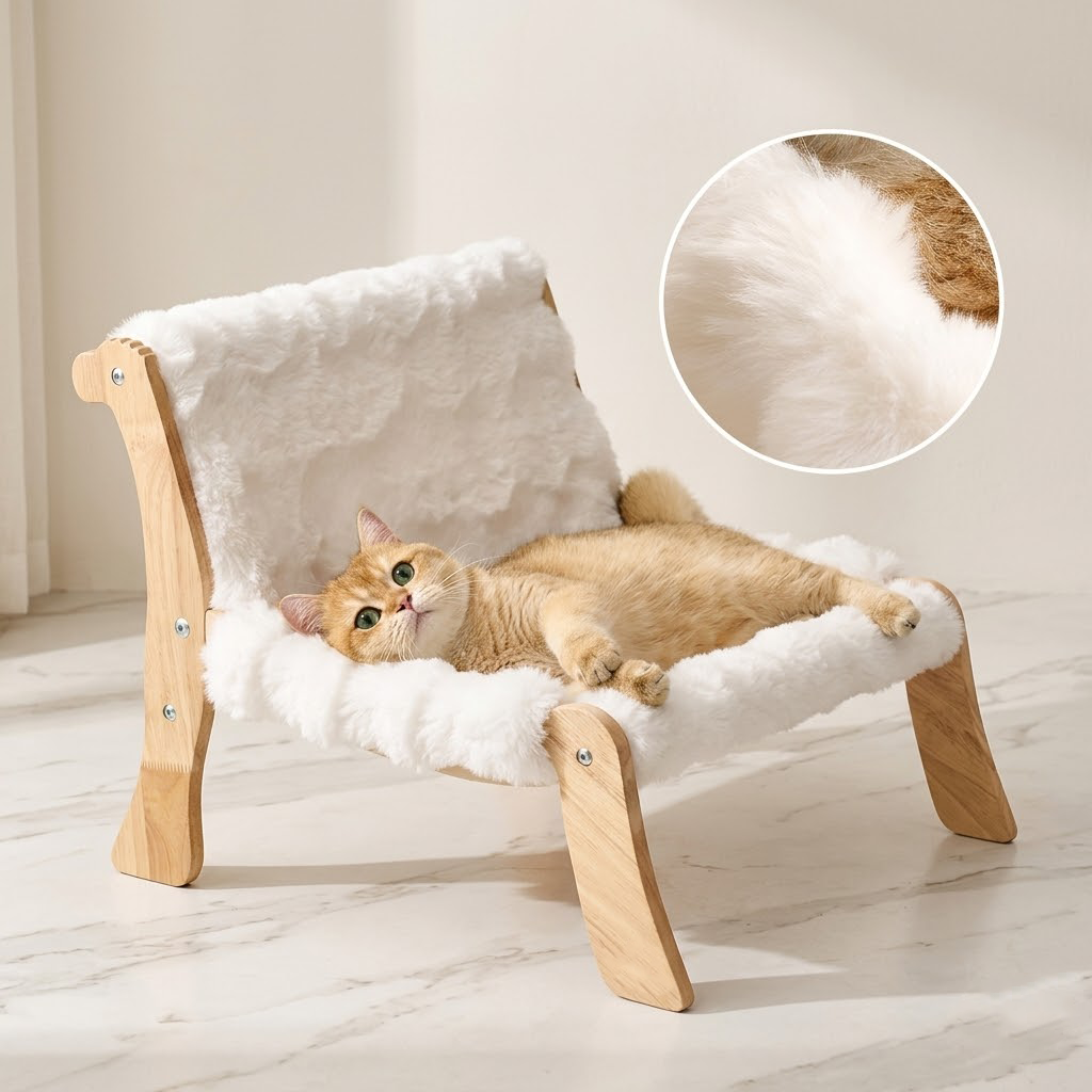 Zolenitacosh Solid Wood Cat Sofa Bed, Modern Elevated Pet Couch for Indoor Cats, Ultra-Soft Plush Fabric with Adjustable Backrest, Removable & Washable Cover, Luxury Cat Furniture for Sleep & Lounge