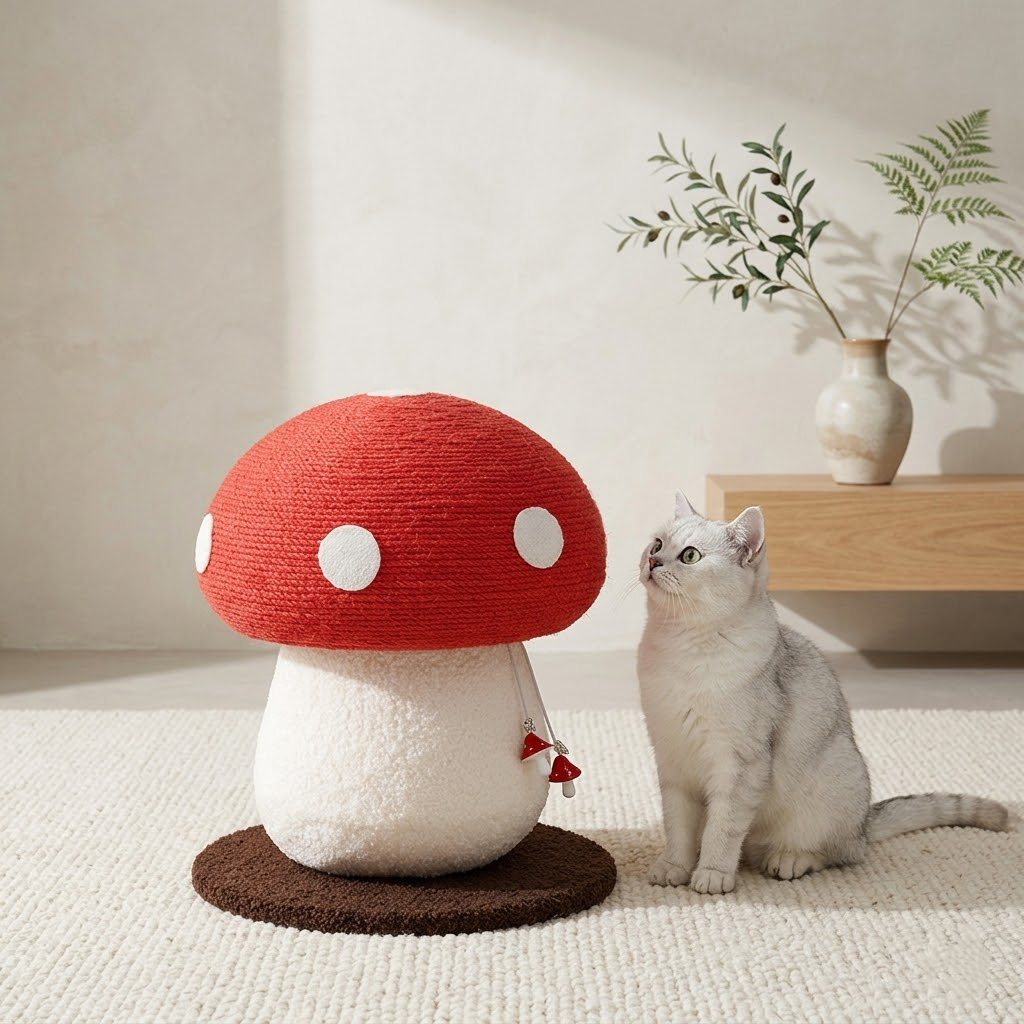 Zolenitacosh Aesthetic Mushroom Cat Scratched Post: Vibrant Red Fungi-Themed Cat Furniture, Vertical Sisal Scratching Pole with Interactive Toy Ball for Claw Grinding & Boredom Relief