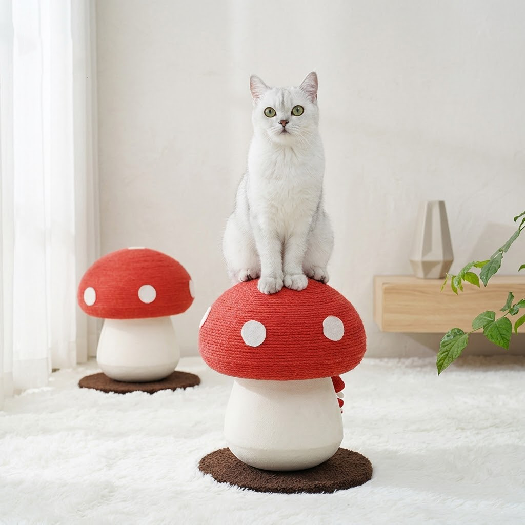 Zolenitacosh Aesthetic Mushroom Cat Scratched Post: Vibrant Red Fungi-Themed Cat Furniture, Vertical Sisal Scratching Pole with Interactive Toy Ball for Claw Grinding & Boredom Relief
