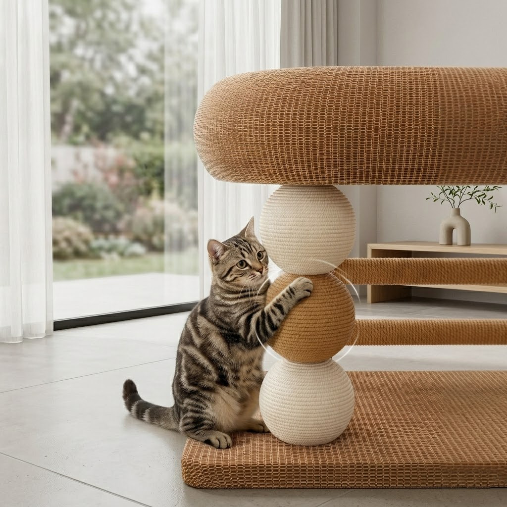 Zolenitacosh Modern Cat Scratcher Lounge & Bed, 2-in-1 Elevated Cat Nest with Scratching Post & Ladder, Durable Sisal Weave Pet Furniture for Indoor Cats, Sturdy Play & Sleep Station for Boredom Relief