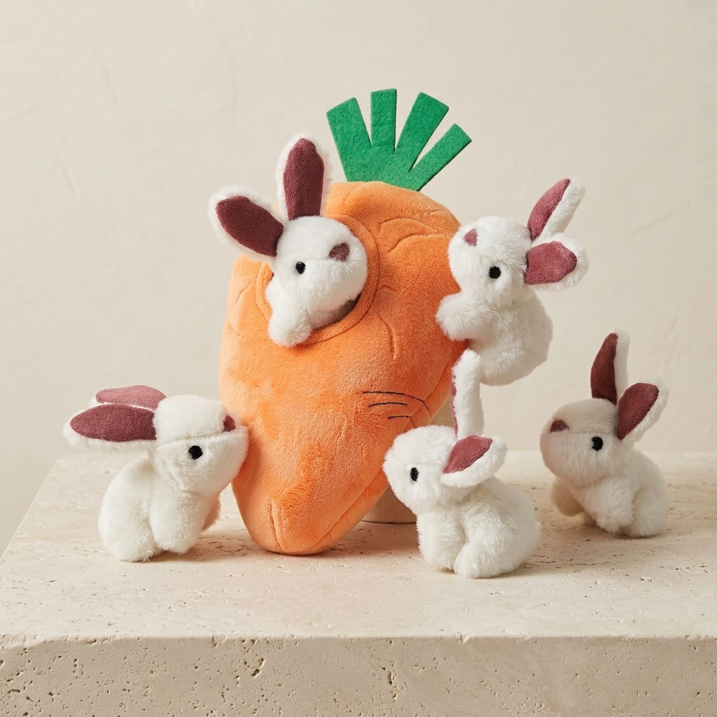 Zolenitacosh 5-Pack Interactive Hide and Seek Squeaky Plush Dog Toys, Burrow Bunny and Carrots Puzzle Toy for Small Dogs, Soft Snuffle Stuffed Toys, Orange and White