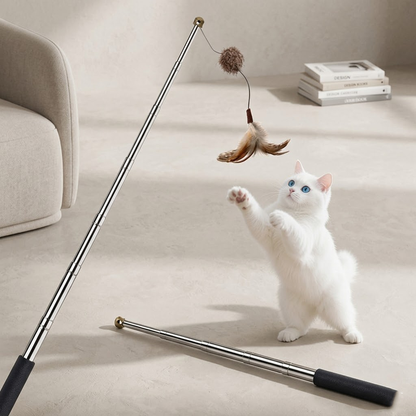 Zolenitacosh Retractable Cat Teaser Wand with Feather Refills, Long Stainless Steel Telescopic Cat Toy String for Indoor Cats and Kittens, Interactive Pet Supplies